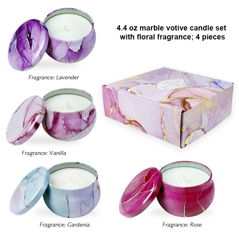 AmbraLumina 4.4 Ounce Marble Small Jar Flower-Sprinkled 4-Piece Set Candle