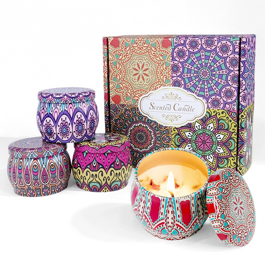 3.5oz Floral-Embedded Metal Jar Candle Set - 4PC Gift Box with Blooming Designs
