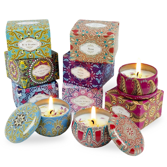 2.2oz Ethnic Style Confetti-Sprinkled Candle in Decorative Tin – Romantic Fragrance - AmbraLumina