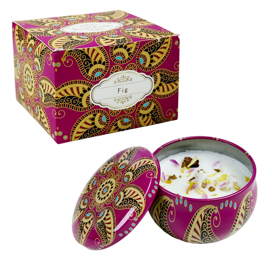 2.2oz Ethnic Style Confetti-Sprinkled Candle in Decorative Tin – Romantic Fragrance - AmbraLumina