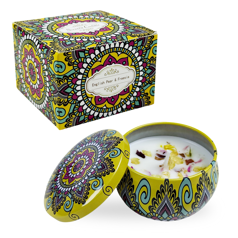 2.2oz Ethnic Style Confetti-Sprinkled Candle in Decorative Tin – Romantic Fragrance - AmbraLumina