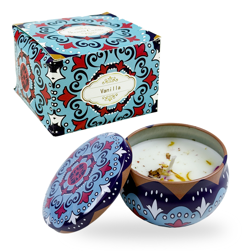 2.2oz Ethnic Style Confetti-Sprinkled Candle in Decorative Tin – Romantic Fragrance - AmbraLumina